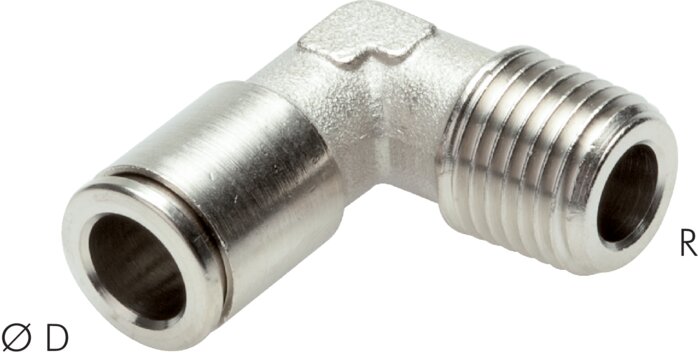Exemplary representation: Push-in L-fitting with conical thread (fixed), nickel-plated brass