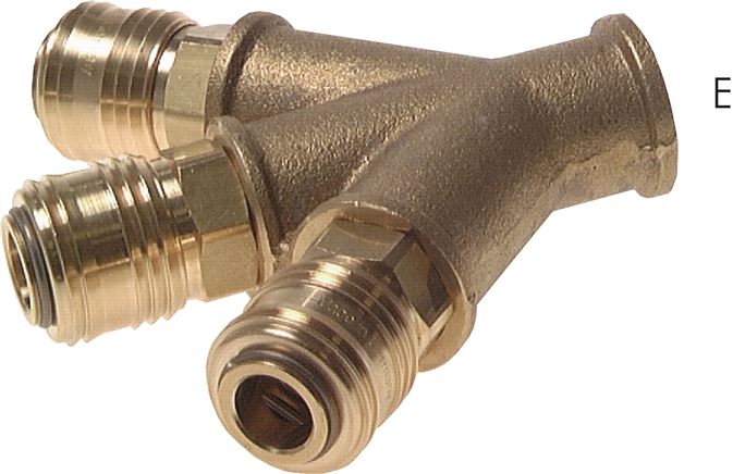 Exemplary representation: Air diverter with female thread & coupling socket NW 7.2, brass, 3-way